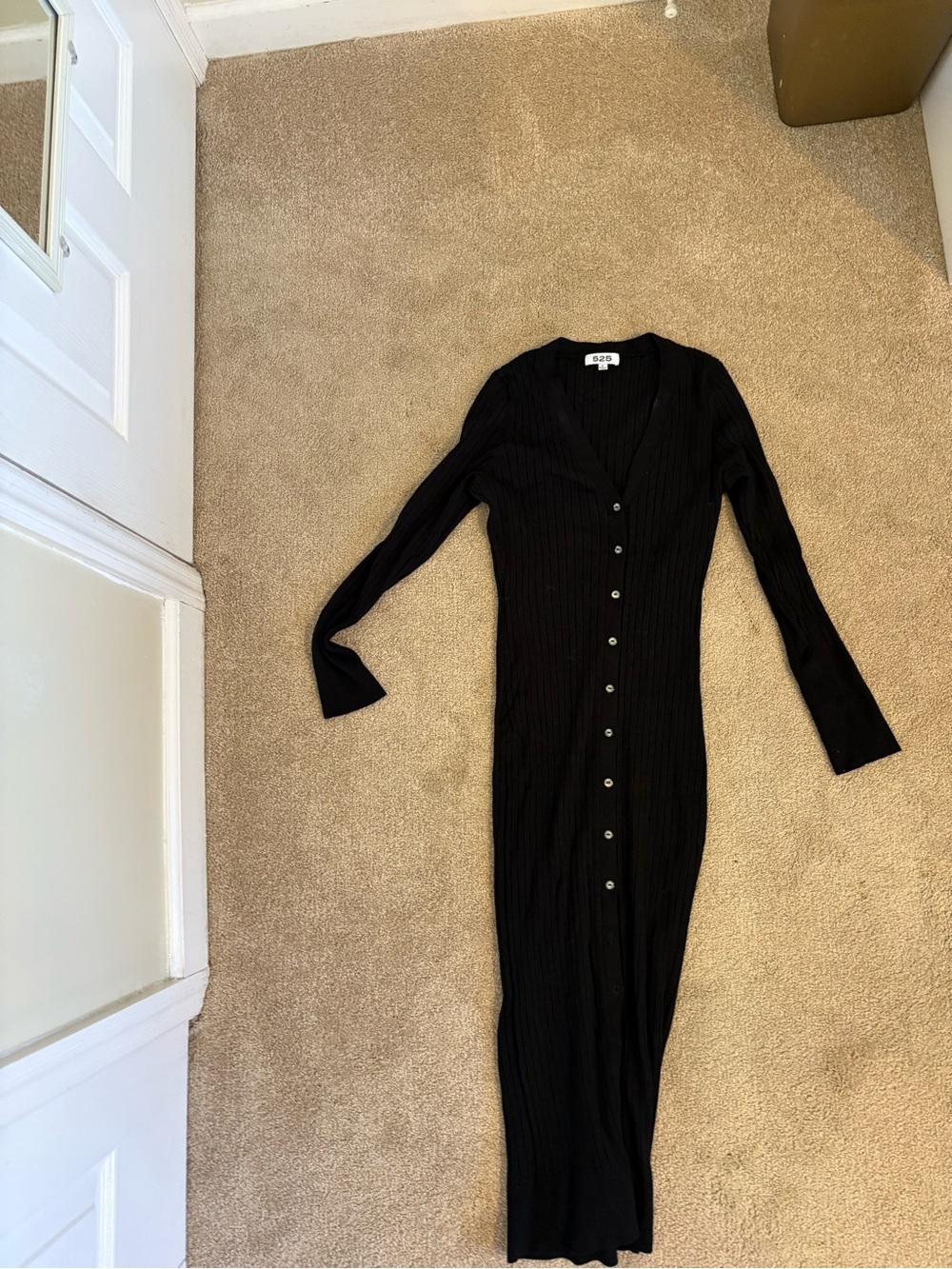 525 America Black Ribbed Button-Front Long Sleeve Maxi Dress